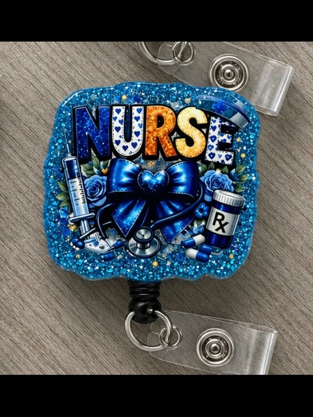 Blue Nurse Glitter Badge Reel - Nursing Retractable ID Holder